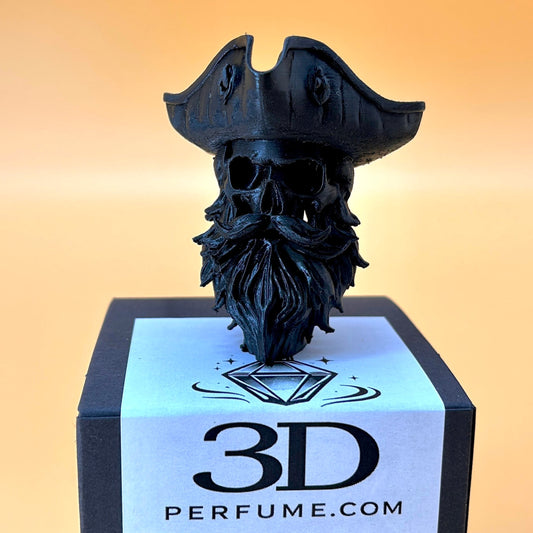 Black 3D perfume bottle with a pirate hat on a box labeled '3D Perfume.com' against an orange background.