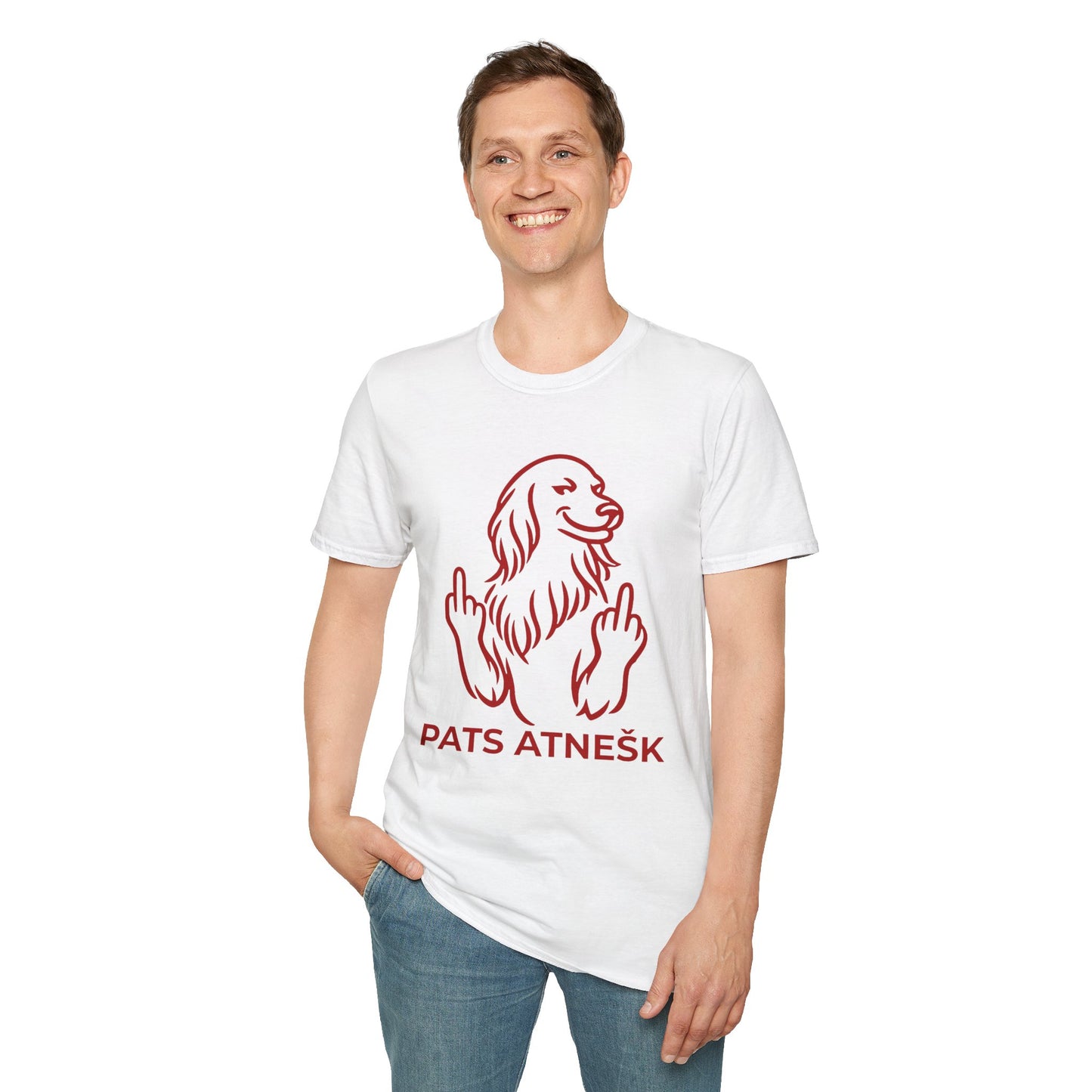 Graphic T-Shirt — 'Pats Atnešk' Dog Giving Middle Fingers, Funny Sarcastic Tee