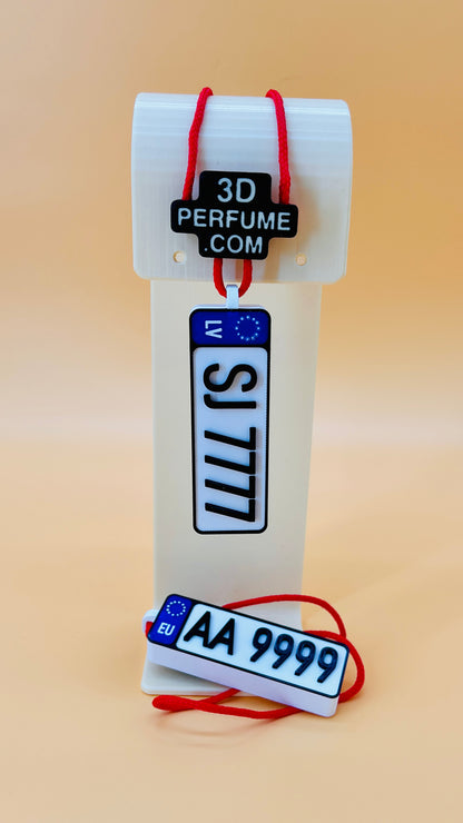 3D printed perfume bottle with license plate design on a beige background