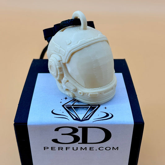 White 3D-printed perfume bottle on a black box with '3D Perfume.com' branding.