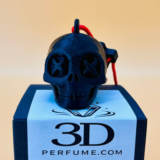 Black skull-shaped perfume bottle on a blue box with '3D Perfume.com' branding.