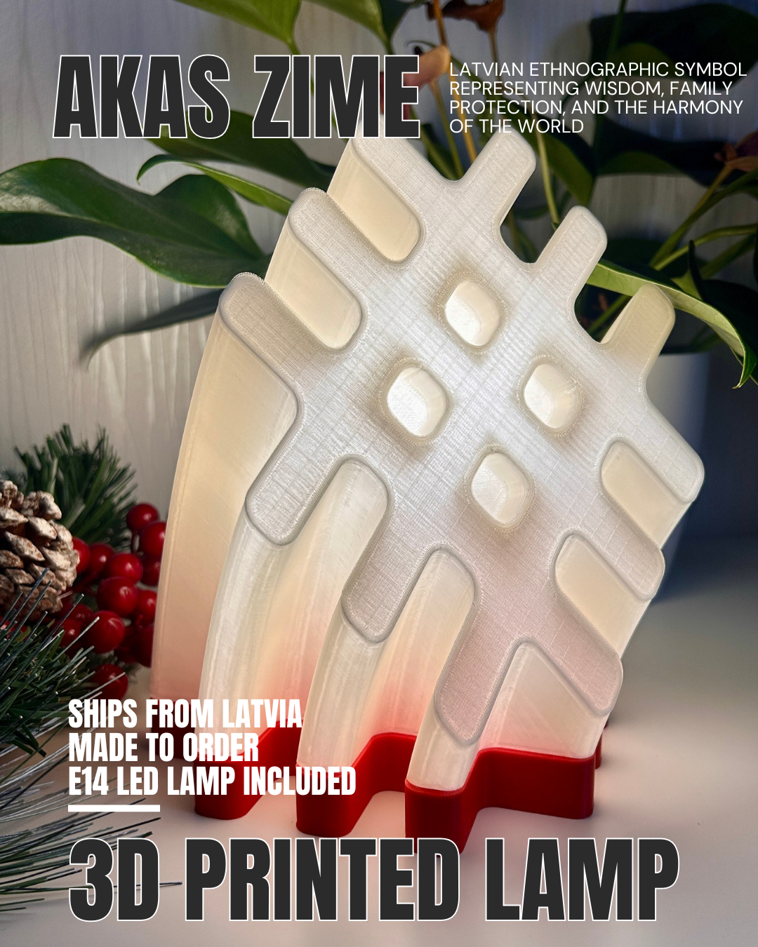 3D spausdinta LED lempa – Akas Zīme