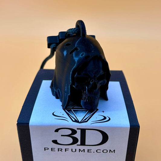 Black 3D perfume bottle on a black box with '3D Perfume.com' label against a beige background