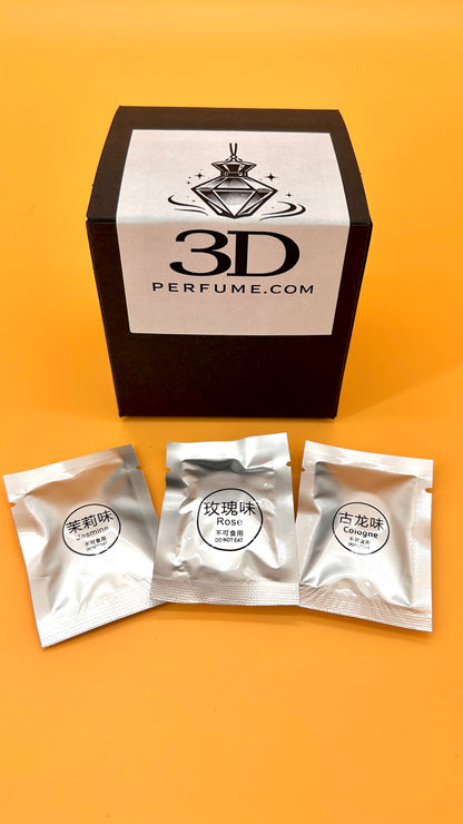 3D Perfume packaging with three sample packets on an orange background
