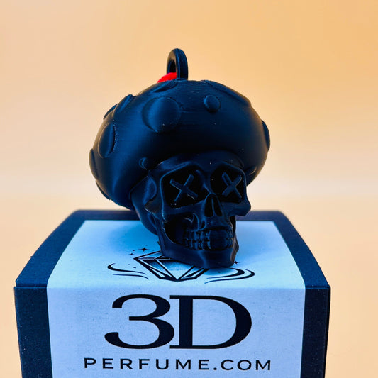 Black skull-shaped perfume bottle on a blue box with '3D Perfume.com' branding.