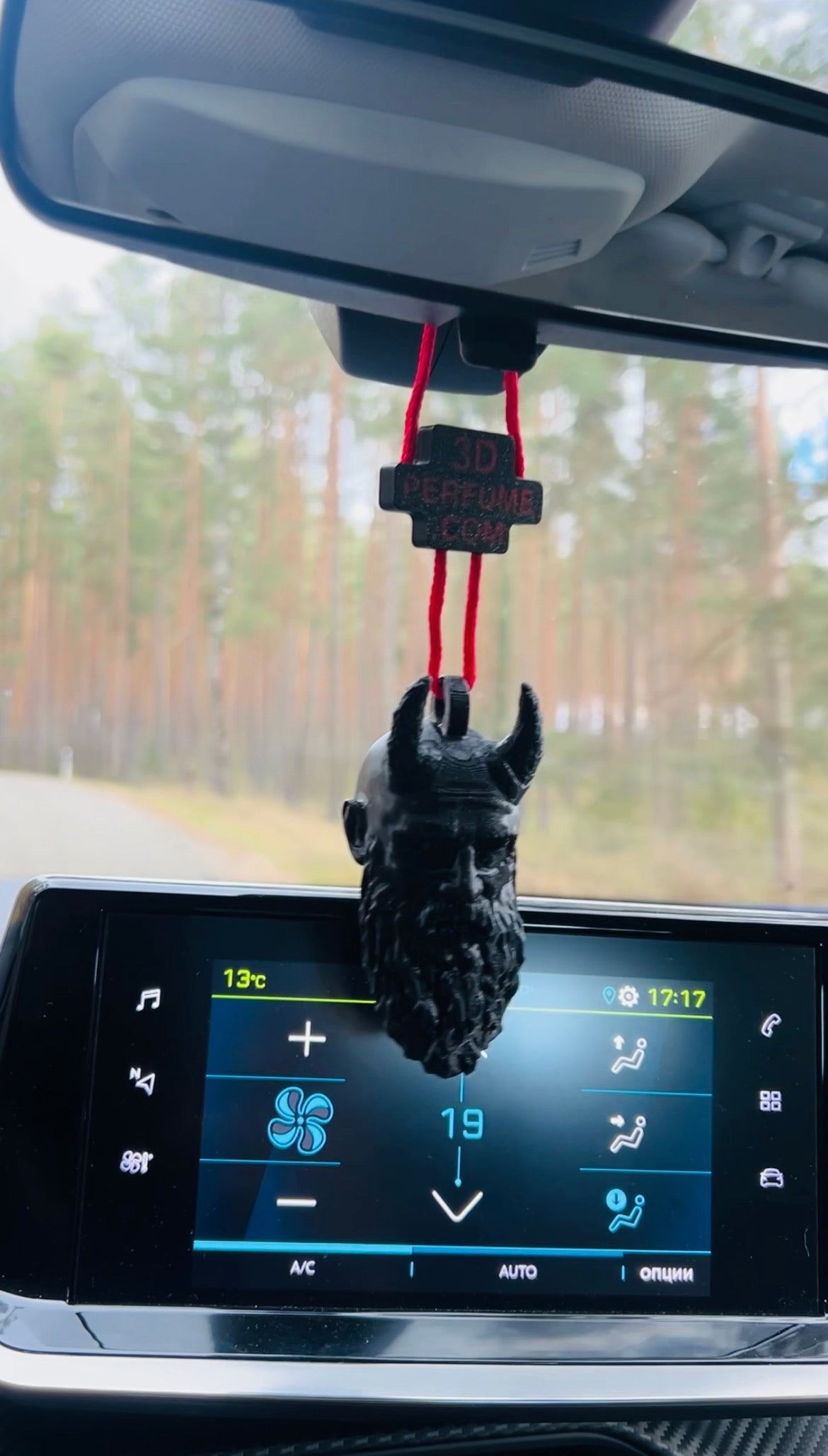 Car dashboard with a decorative hanging item and a view of trees outside the window.