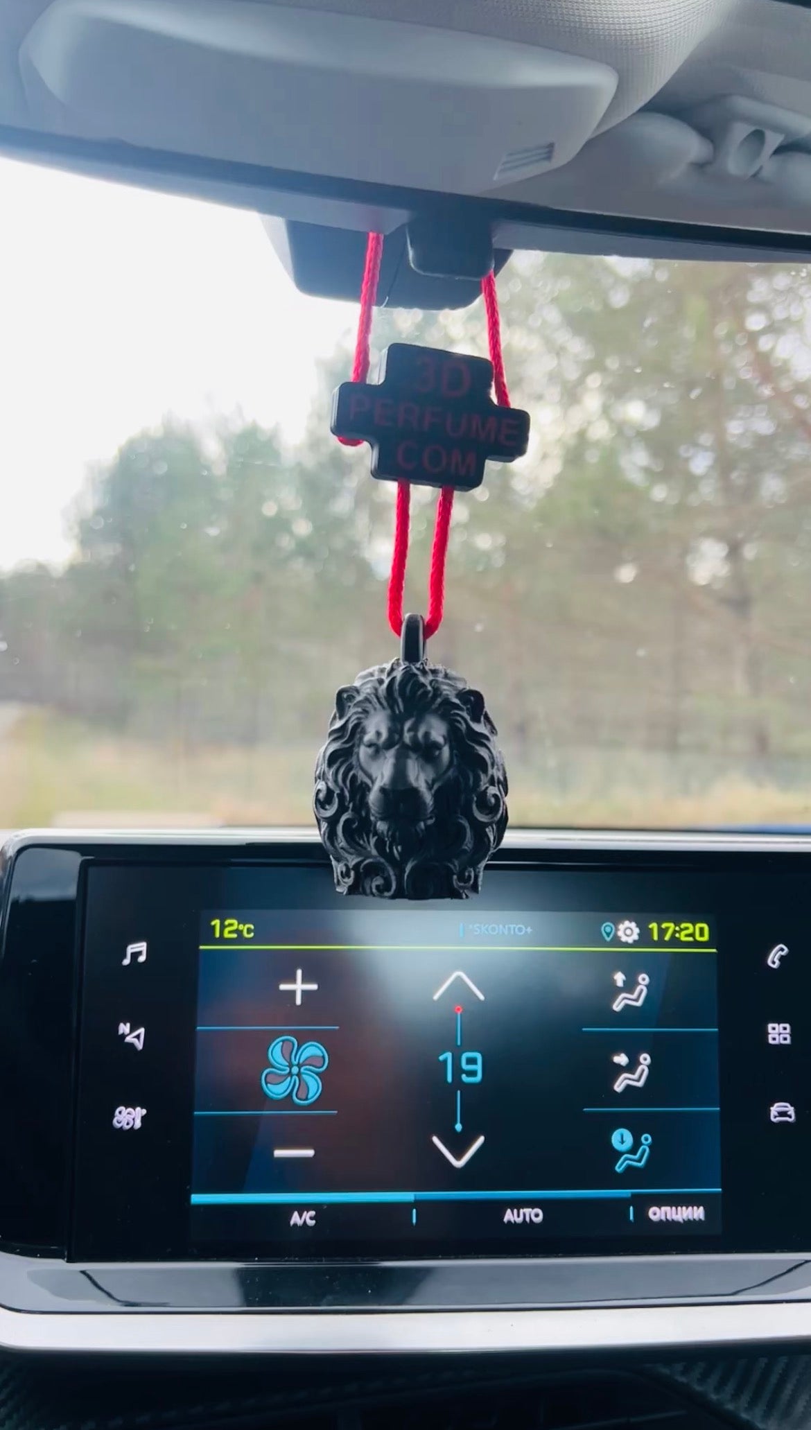 3D printed car air freshener hanging on rear view mirror with some trees in background