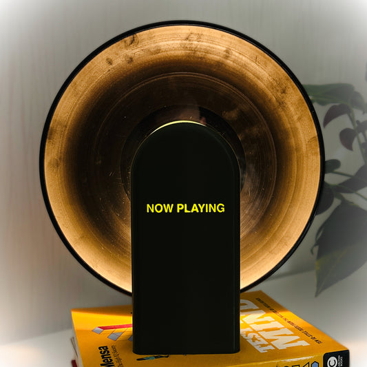 Dark green 3D printed lamp with 'NOW PLAYING' light up text, using vinyl record as lamp shade